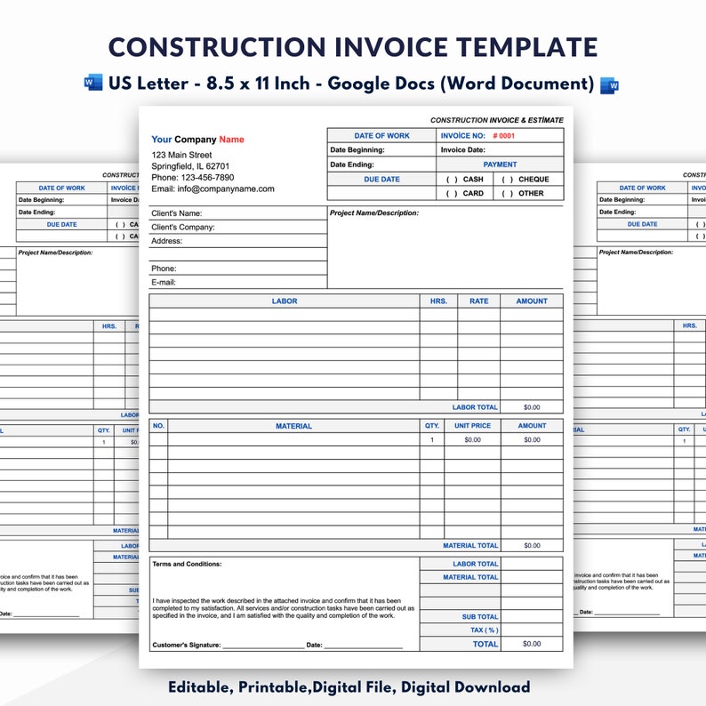 Construction Invoice Template, Google Docs (word Document) - Etsy