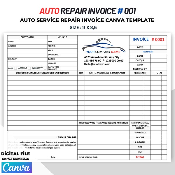 Auto Repair Invoice Template, Repair Service Form #001