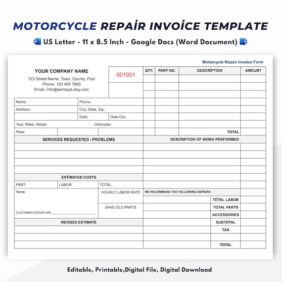 Motorcycle Repair Invoice Template Repair Estimate Form Etsy