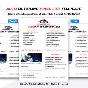 Mobile Car Detailing Price List Template: Auto Detailing Flyer (Canva Editable, Digital Download)