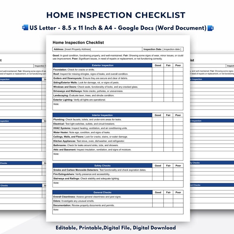 Home Inspection Checklist Template, Google Docs (word Document) - Etsy ...