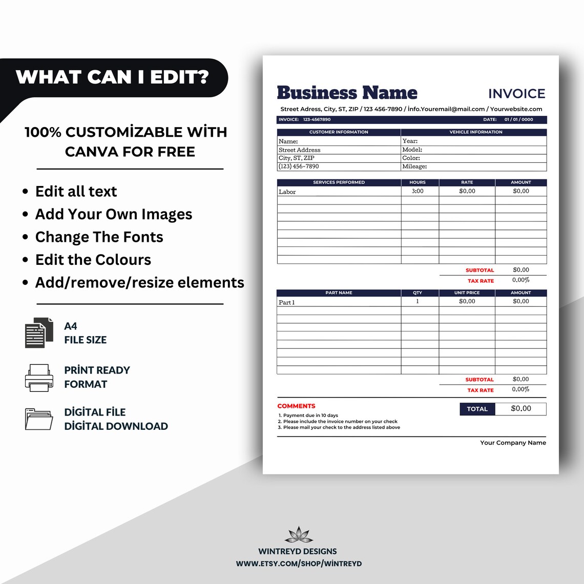 Auto Repair Invoice, Automotive Service Invoice Template, Basic ...