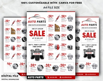 Auto Parts Flyer, Car Parts Promotion Flyer, Car Parts and Accessories Flyer, Tire Shop Flyer, Canva Flyer Template