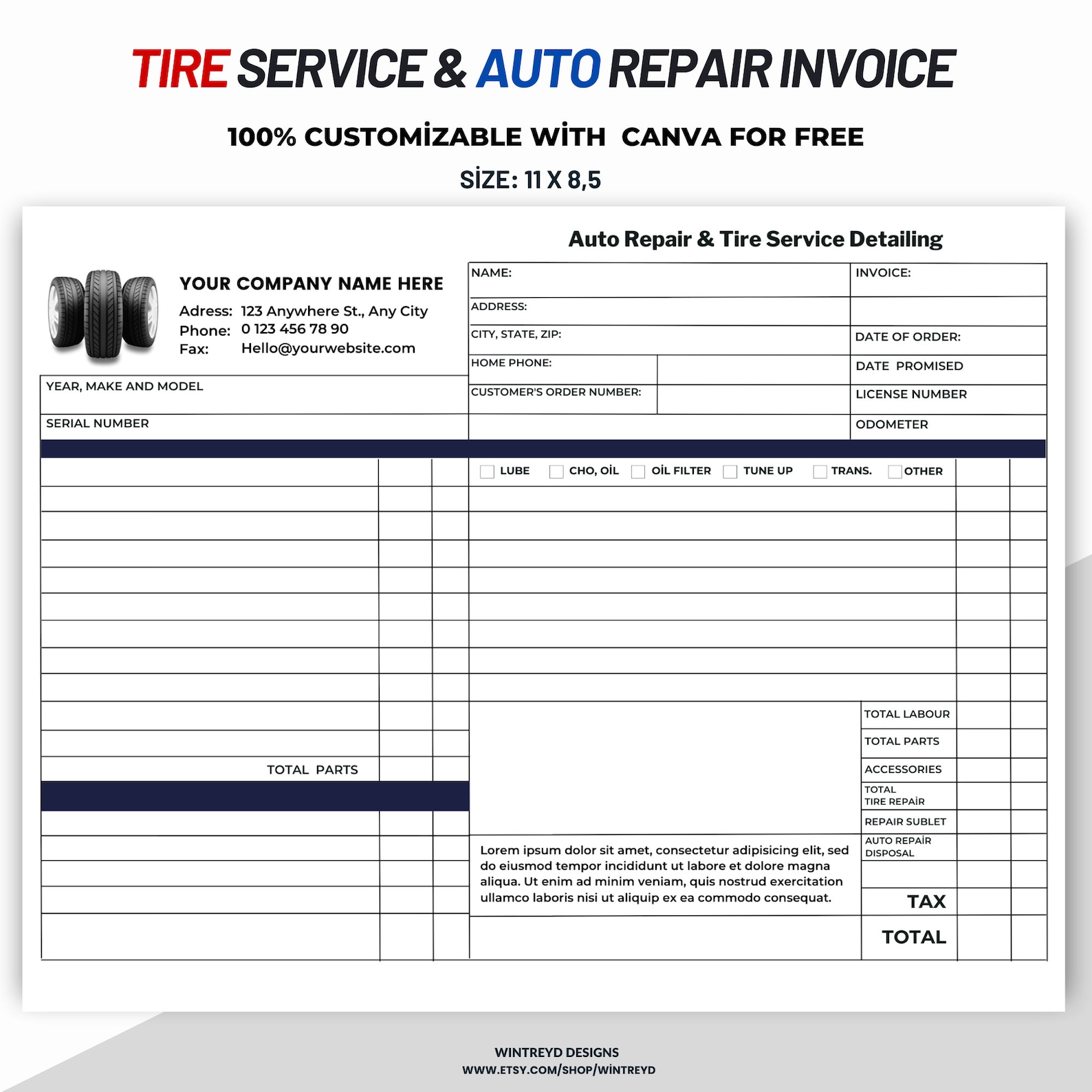 Tire Service & Auto Repair Invoice, Automotive Service Invoice Template Tire Service & Auto Repair Invoice, Automotive Service Invoice Template
