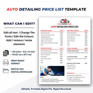 Auto Detailing Price List Flyer Template, Mobile Car Detailing Template, Canva Template