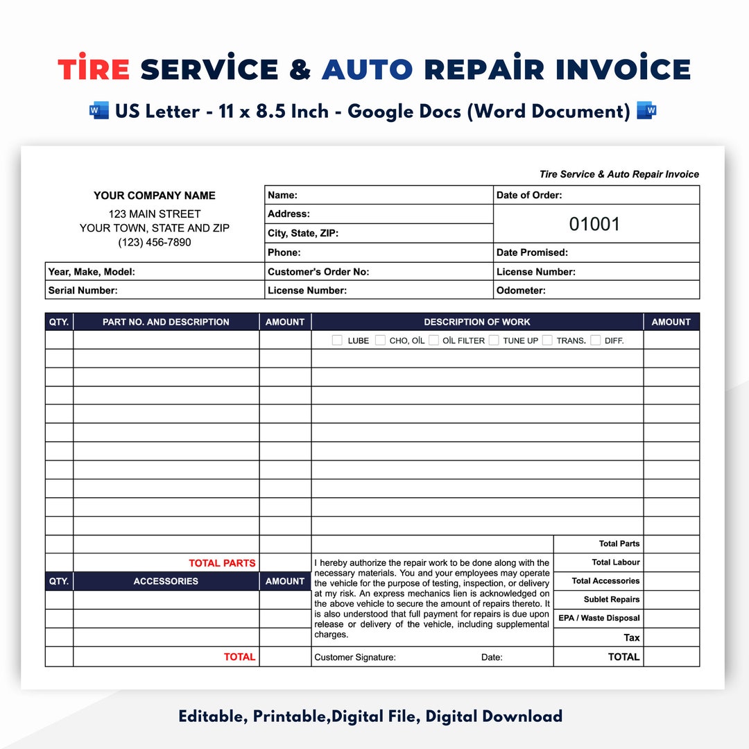 Tire Service & Auto Repair Invoice Template, Tire Repair Order Form Etsy Tire Service & Auto Repair Invoice Template, Tire Repair Order Form Etsy