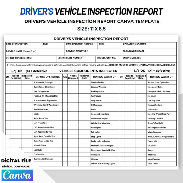 Driver's Vehicle Inspection Report Template - Daily Pre-Trip Inspection Checklist - Commercial Vehicle Safety Form