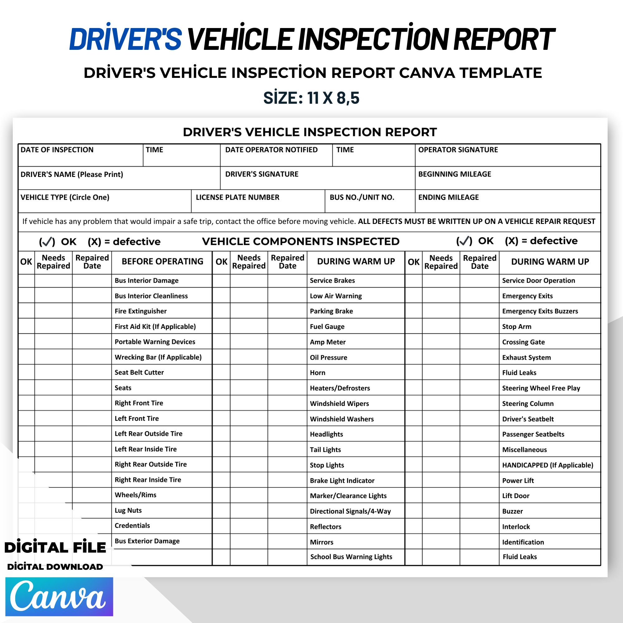 Driver's Vehicle Inspection Report Template - Daily Pre-trip Inspection Checklist - Commercial Vehicle Safety Form - Etsy driver-s-vehicle-inspection-report-template-daily-pre-trip-inspection-checklist-commercial-vehicle-safety-form-etsy