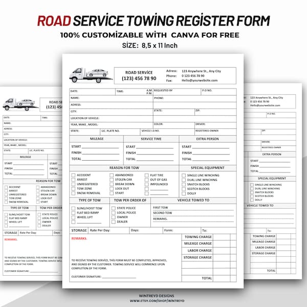 Road Service Invoice Template, Road Service Towing Register Form, Road Service Template