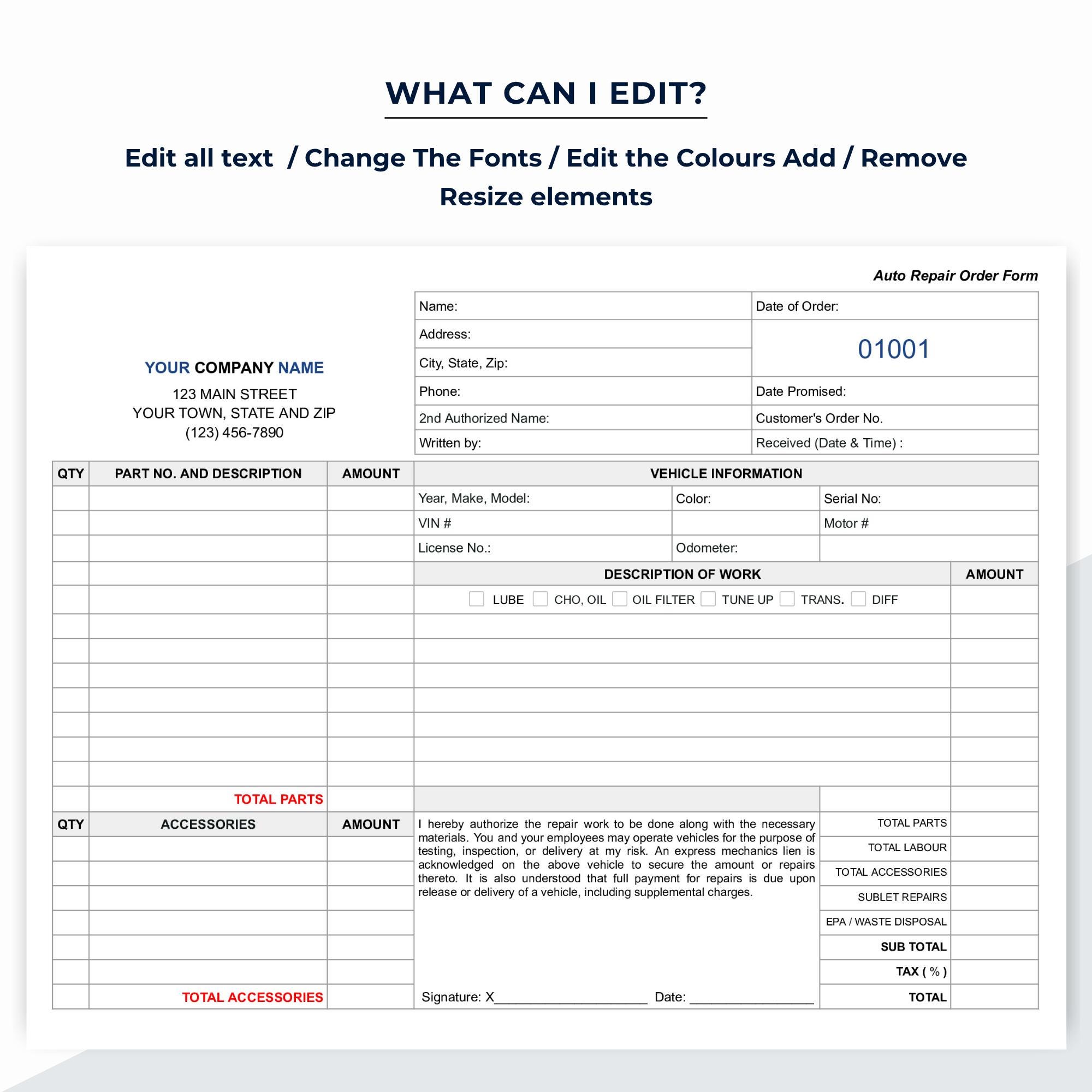 Auto Repair Order Form Template, Mechanic Shop Document - Etsy