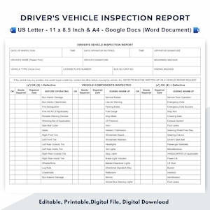 Plantilla de informe de inspección de vehículos del conductor, lista de verificación de inspección diaria previa al viaje, formulario DVIR, registro de flota de camiones y autobuses, documento editable de Google Docs