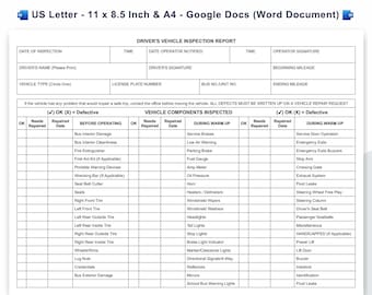 Driver Vehicle Inspection Report Template, Daily Pre-Trip Inspection Checklist, DVIR Form, Truck Bus Fleet Log, Editable Google Docs