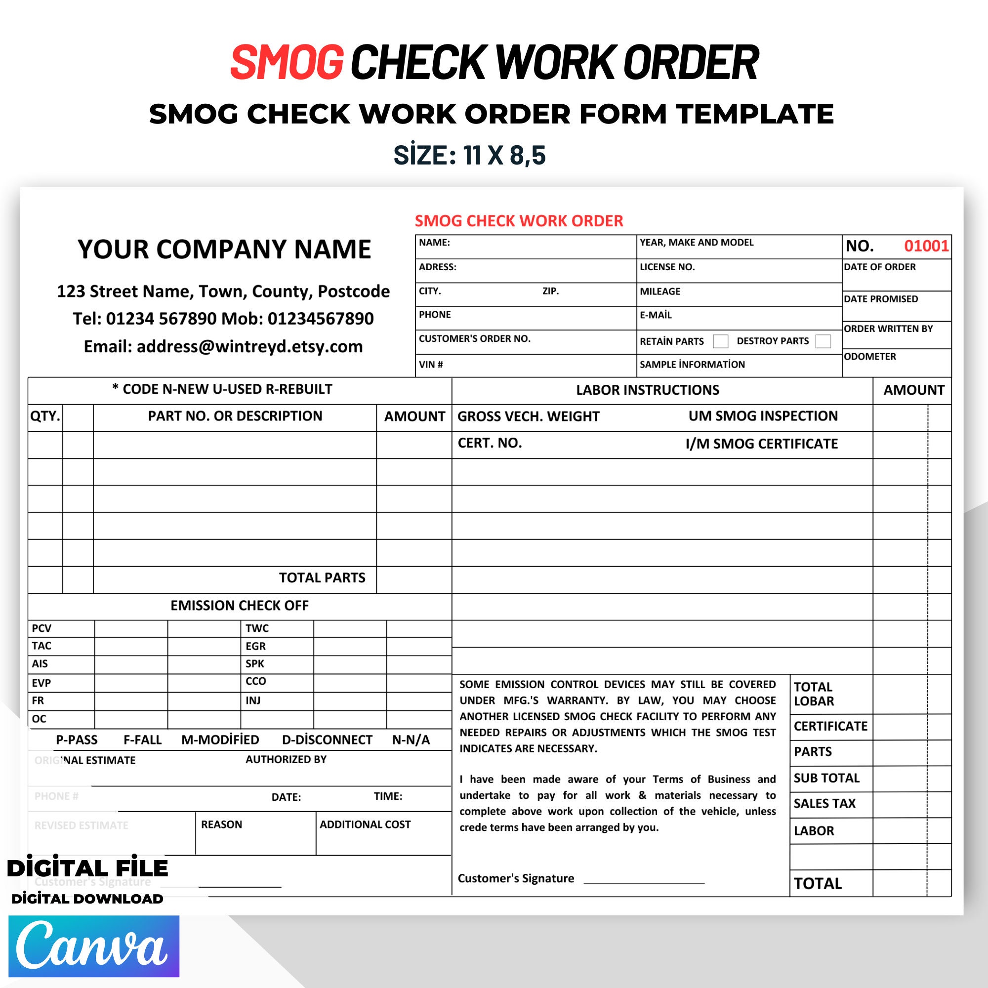 Smog Check Work Order Form Automotive Inspection Sheet Emission Test ...