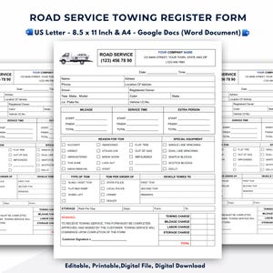 Road Service Invoice Template, Towing Register Form, Editable Google Docs (Word Document)