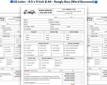 Plantilla de factura de servicio de asistencia en carretera, formulario de registro de remolque, documento editable de Google Docs (documento de Word)
