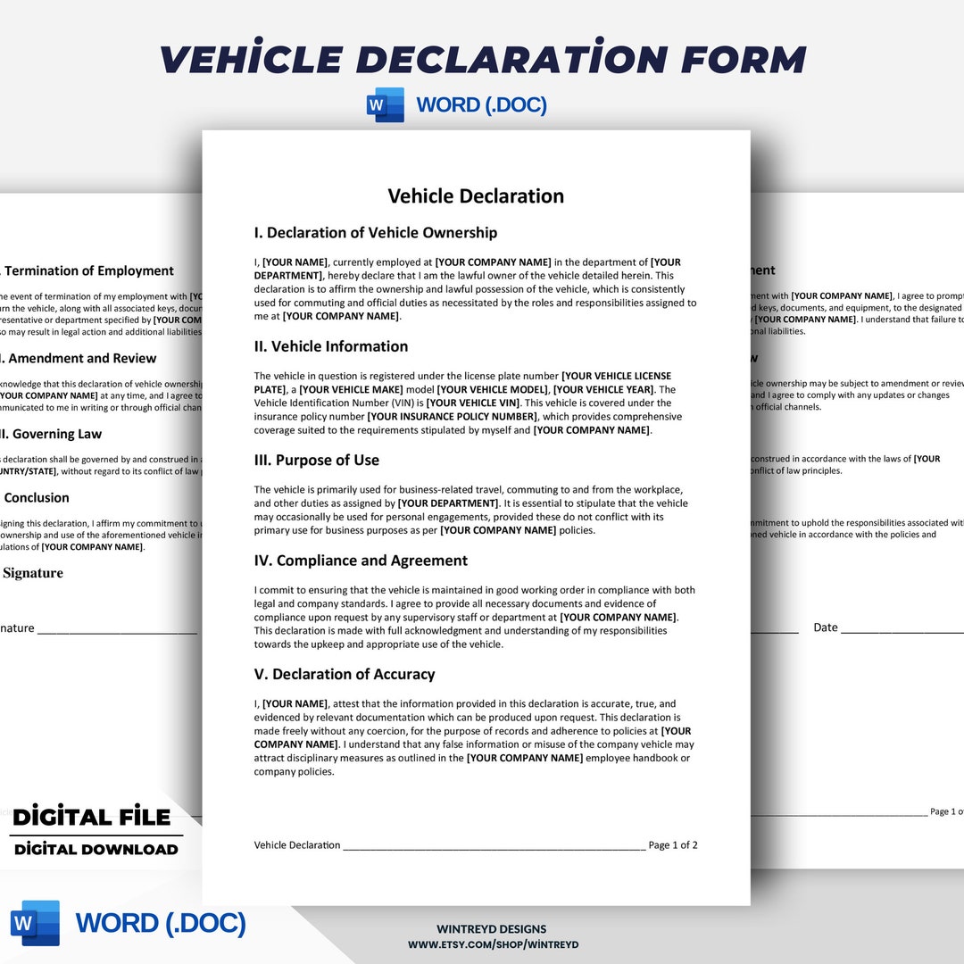 Vehicle Declaration Form Template Printable Word Document - Etsy UK
