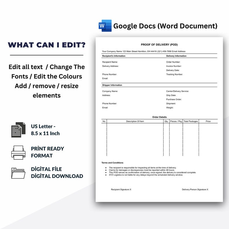 Pod Template.pdf Proof of Delivery (POD) Template, Google Docs (word Document) - Etsy