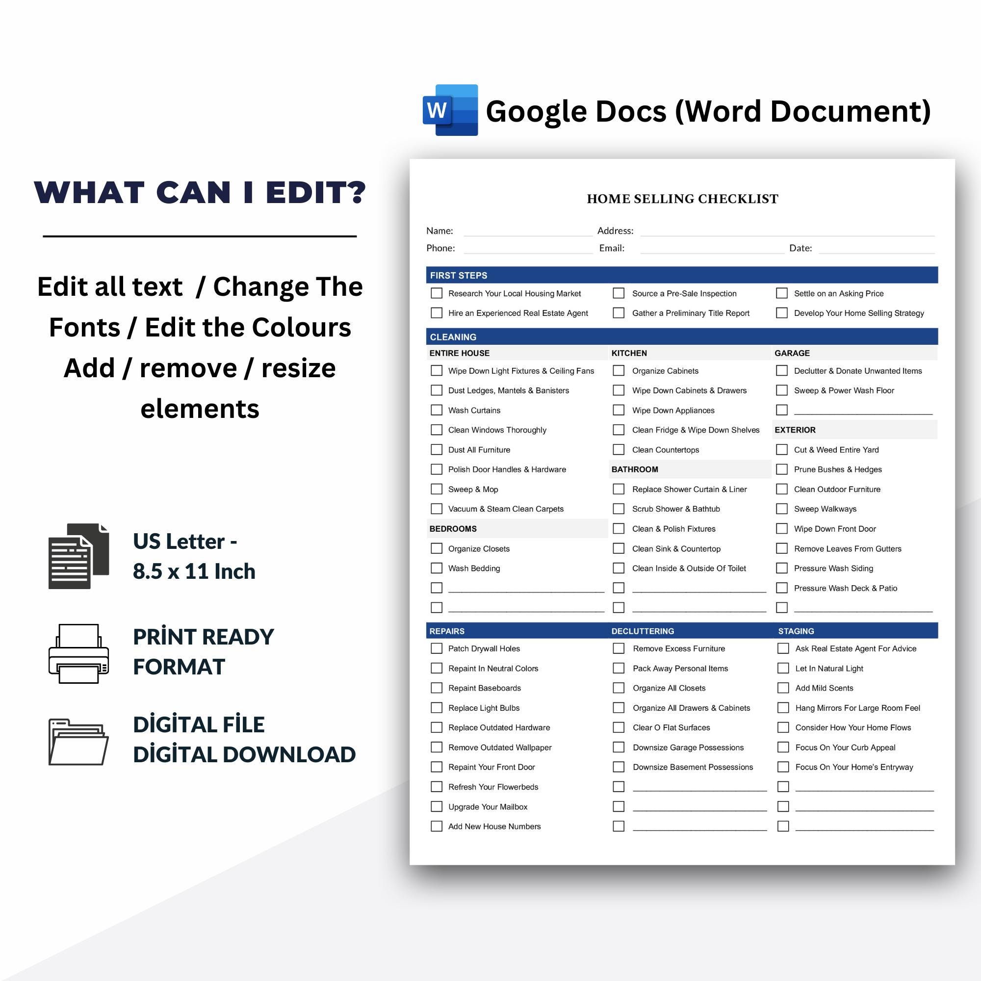 Home Selling Checklist Template, Google Docs (word Document) - Etsy