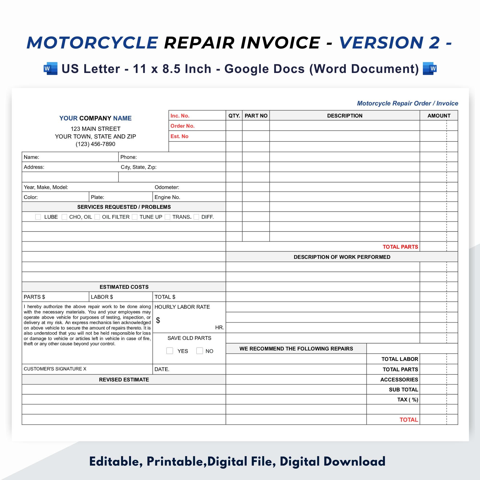 バイク修理請求書テンプレート、修理見積書 - Etsy 日本