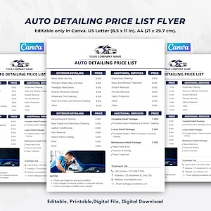 Auto Detailing Price List Template: Car Wash Service Menu (Canva Editable, Digital Download)