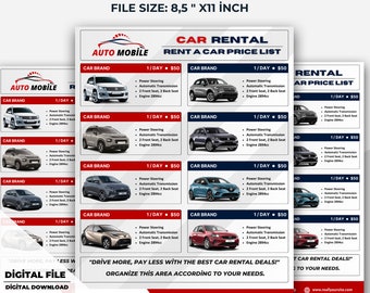 Car Rental Price List Template, Printable Rent-A-Car Form (Digital Download)