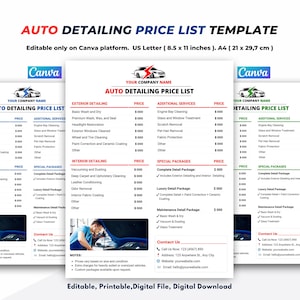 Auto Detailing Price List Flyer Template, Mobile Car Detailing Template, Canva Template