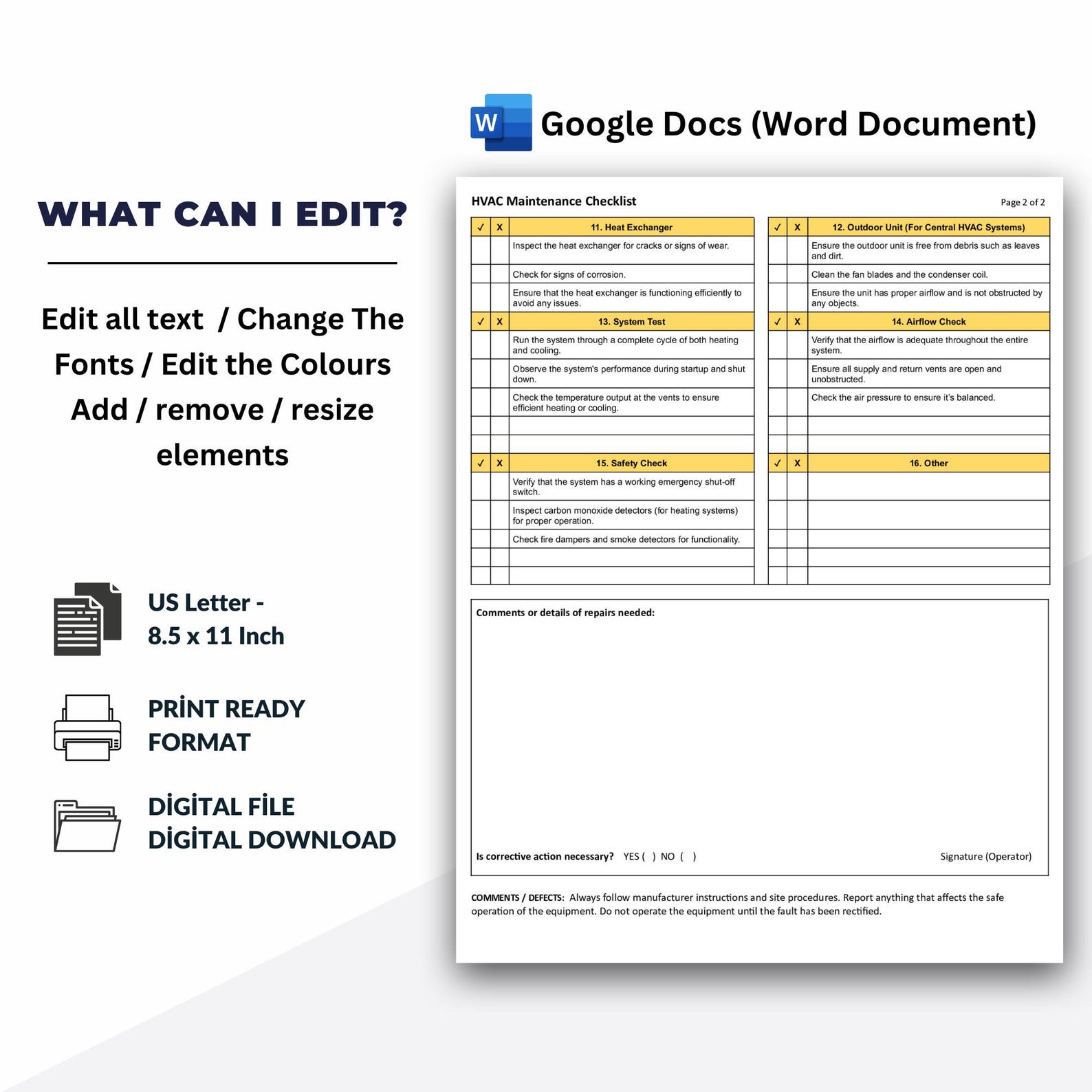 HVAC Maintenance Checklist Template: Google Docs (word Document) - Etsy