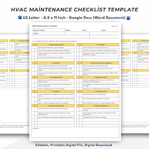 Könnte beinhalten: HVAC-Wartungschecklisten-Vorlage auf Papier im US-Letter-Format. Das Dokument enthält Abschnitte für allgemeine Systemprüfungen, Luftfilter, Kanäle, Spulen, Kondensatablauf, Kältemittelstand, Gebläse und Systemkalibrierung. Das Dokument ist editierbar, druckbar und als digitale Datei verfügbar.