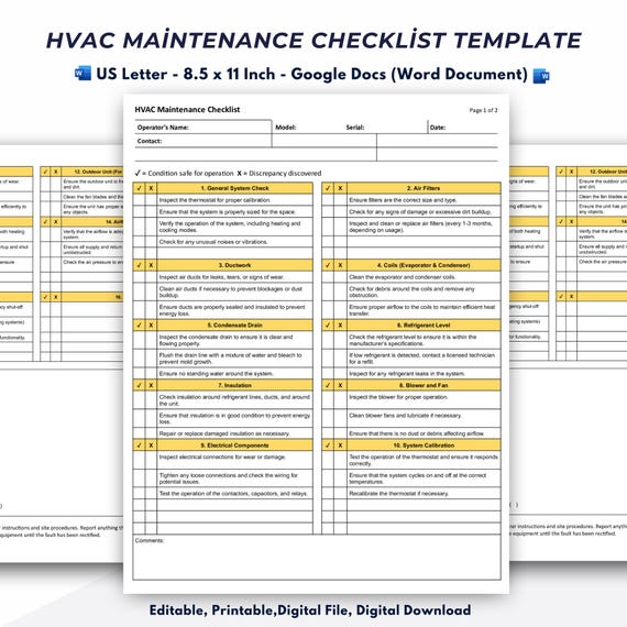 HVAC Maintenance Checklist Template: Google Docs (word Document