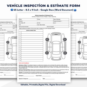Op de afbeelding: Een printbaar voertuiginspectie- en schattingsformulier met een zwart-witte illustratie van een auto. Het formulier bevat secties voor klantgegevens, voertuiggegevens, service-aanbevelingen en een voertuiginspectie-checklist. Het formulier bevat ook de algemene voorwaarden voor de schatting.