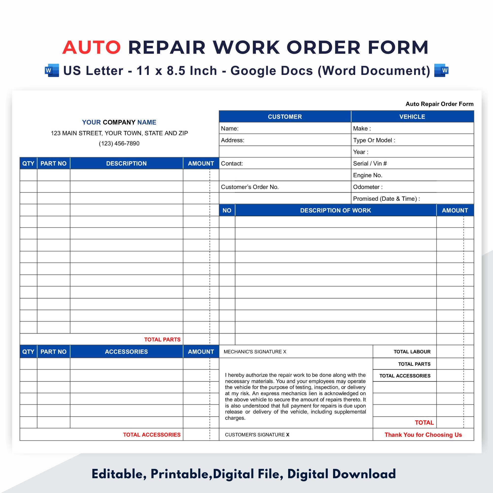 Auto Repair Work Order and Invoice Form Auto Repair Order Form