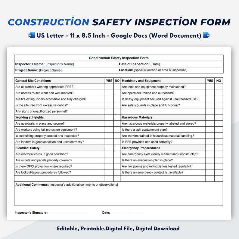 Construction Safety Inspection Form - Google Docs (Word Document)