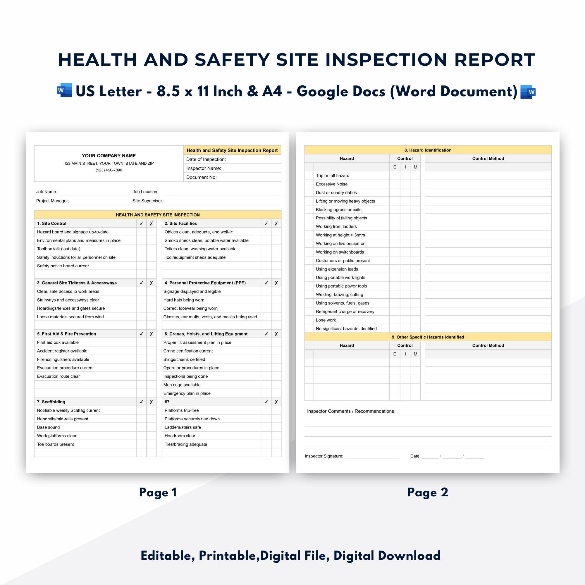 Site Inspection Report.pdf Health and Safety Site Inspection Report Form - Etsy