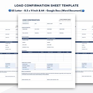 Load Confirmation Sheet Template, Editable Rate Confirmation Form, Trucking Broker Carrier Agreement, Word and Google Docs, A4 & US Letter