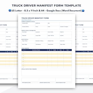 May include: A digital truck driver manifest form template in US Letter 8.5 x 11 inch size. The document features sections for company and manifest details, driver and vehicle information, route details, a cargo manifest table, and signature lines.
