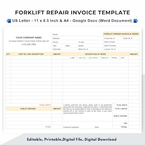 Forklift Repair Invoice Template: Order & Estimate Form (Google Docs, Word Document)