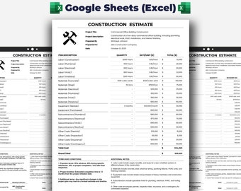 Baukostenvoranschlag Vorlage - Professionelles Projektmanagement-Tool - Kompatibel für Excel und Google Sheets