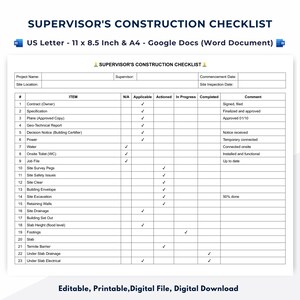 May include: A construction checklist titled "SUPERVISOR'S CONSTRUCTION CHECKLIST" in US Letter size, with a detailed table for project management. Includes sections for items, actions, and comments. Text at the bottom says "Editable, Printable, Digital File, Digital Download."