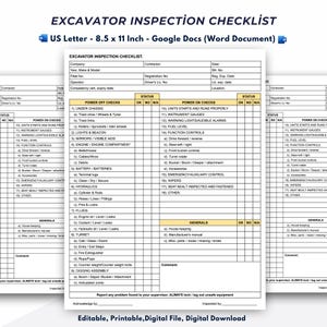 May include: Excavator inspection checklist on US Letter size paper. The document includes sections for power-off checks, power-on checks, and general maintenance. It is a printable, digital file.