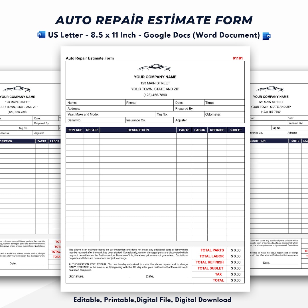 Auto Repair Estimate Form, Car Repair Estimate Form Template Etsy Auto Repair Estimate Form, Car Repair Estimate Form Template Etsy