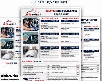 Modelo de folheto para detalhamento automotivo: Lista de preços de lavagem de carros (8,5 x 11 polegadas) (download digital)