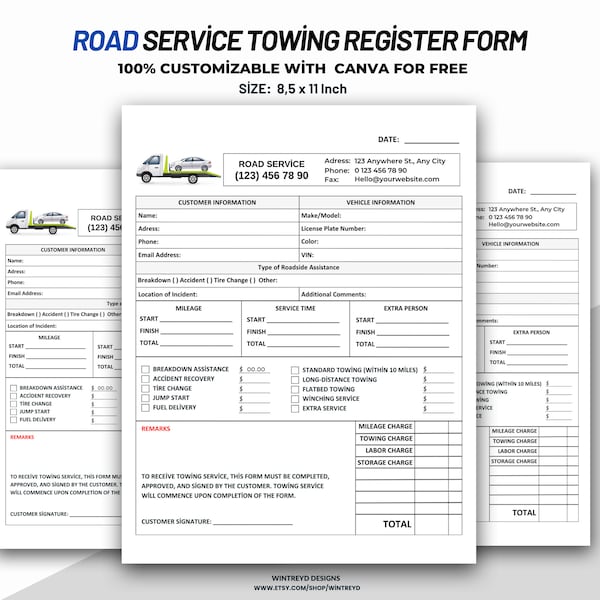 Road Service Towing Register Form, Road Service Template