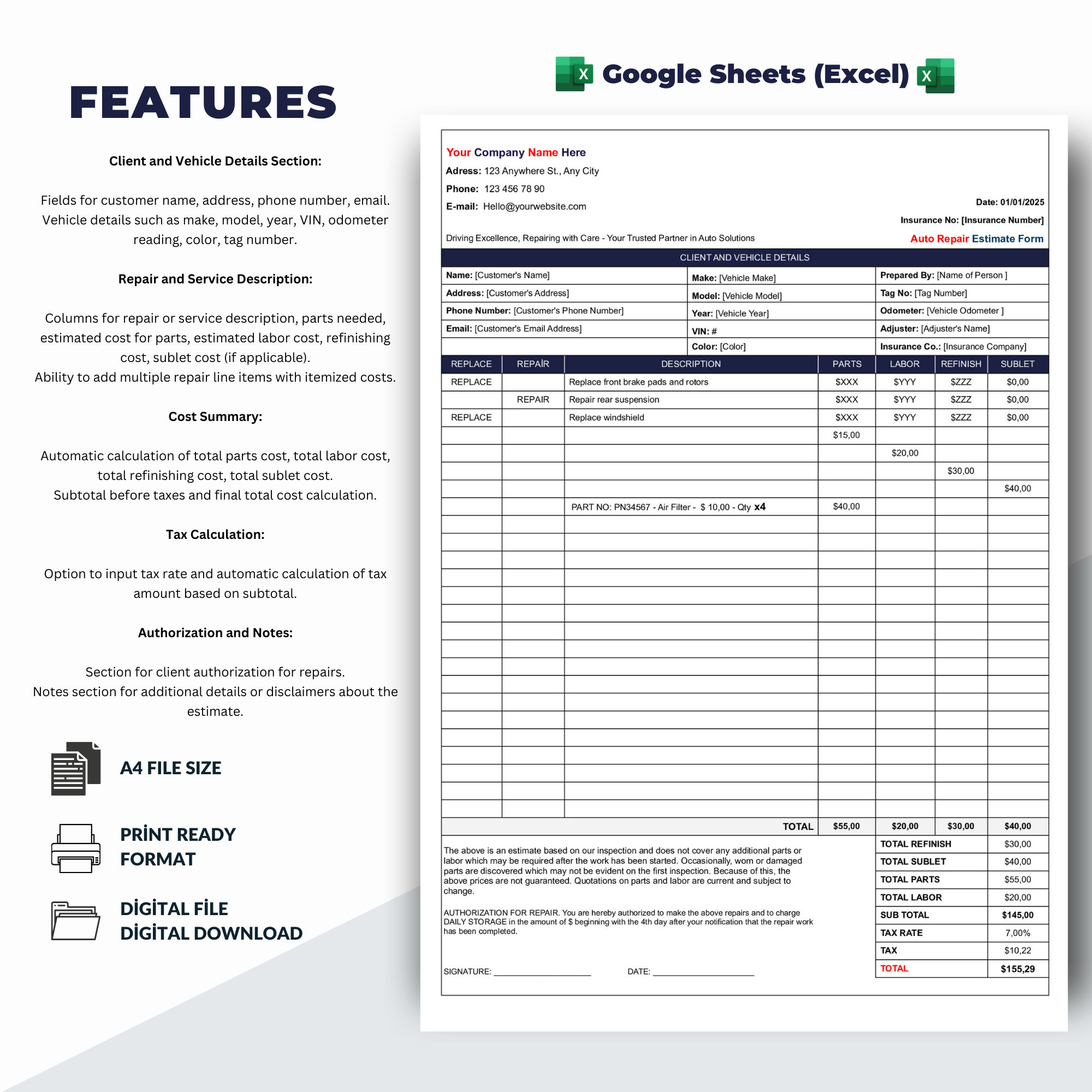 自動車修理見積テンプレート、自動車サービス見積テンプレート、Excel および Google スプレッドシートと互換性あり - Etsy 日本