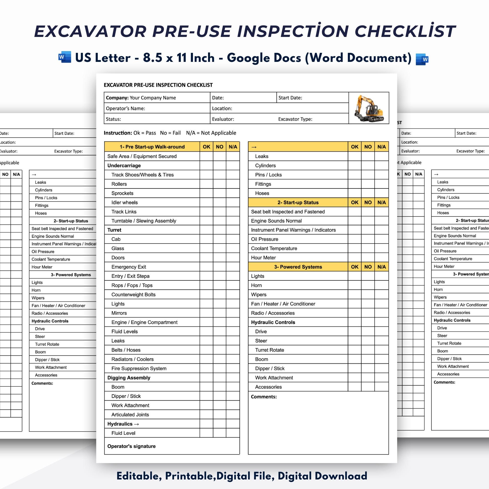Excavator Pre-Use Inspection Checklist Template, Excavator Pre-Start Checks Template,Google Docs (Word Document)