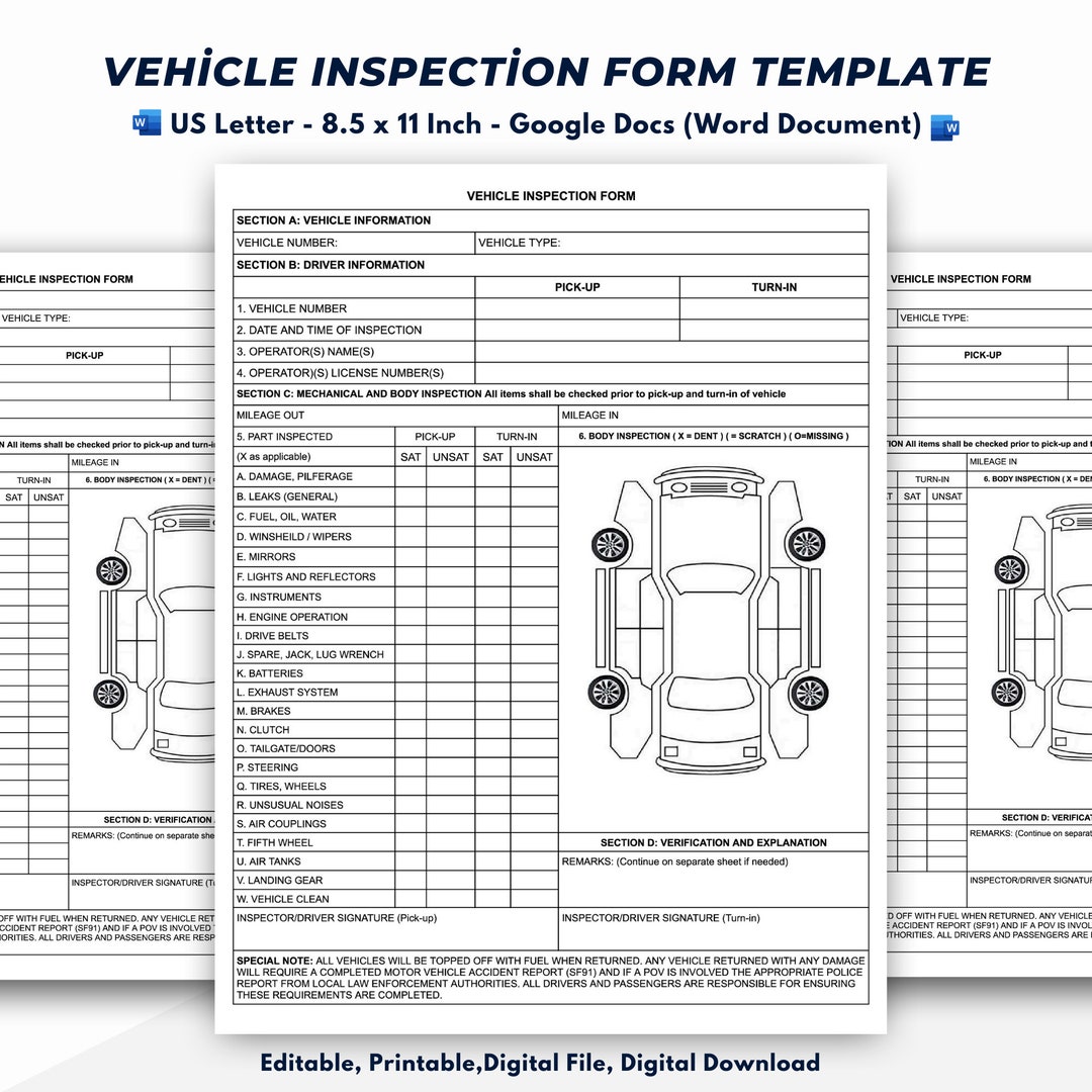 Vehicle Inspection Report Form Template Editable Printable Etsy Vehicle Inspection Report Form Template Editable Printable Etsy