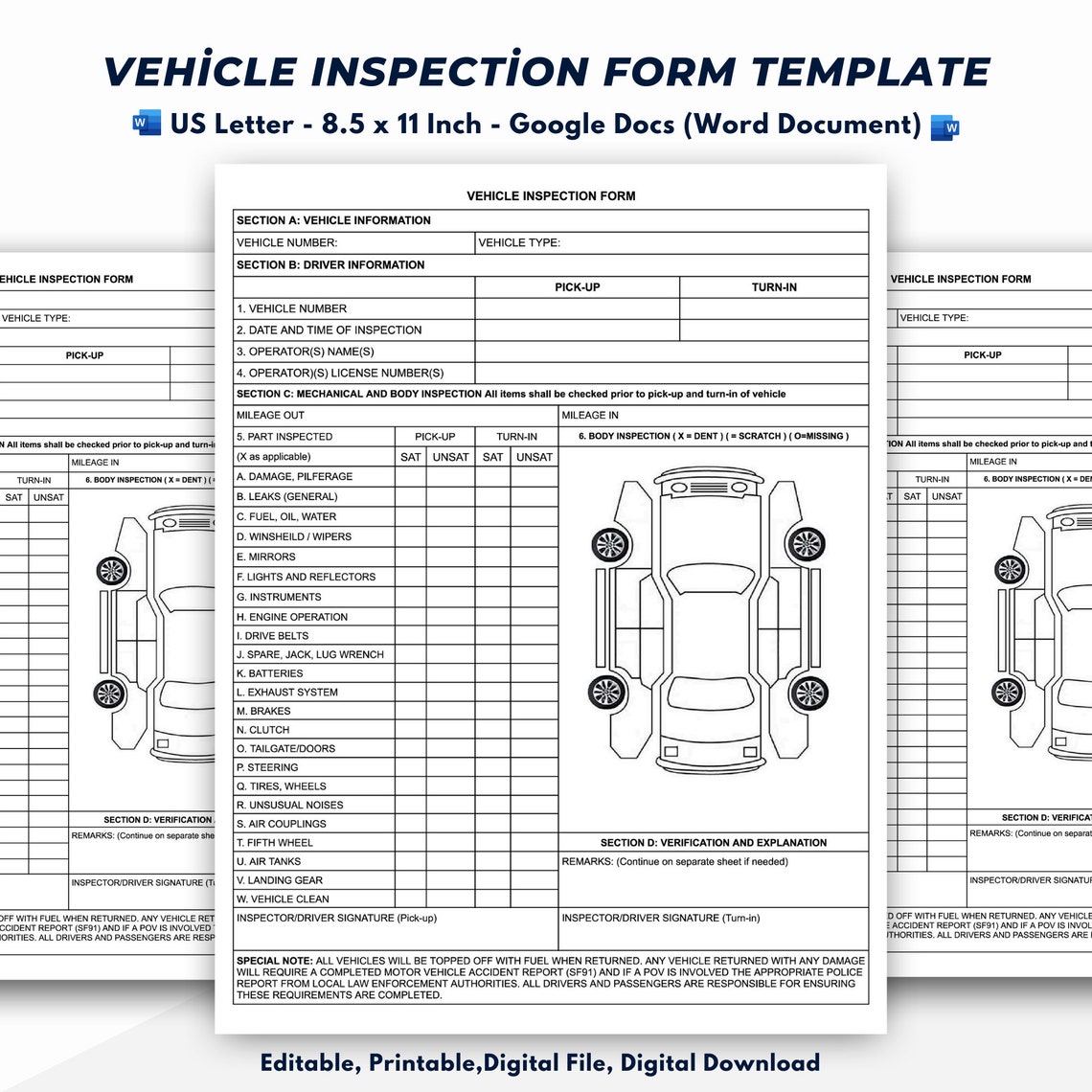 Windshield Inspection Format Vehicle Inspection Report Form Template, Editable & Printable, Google ...