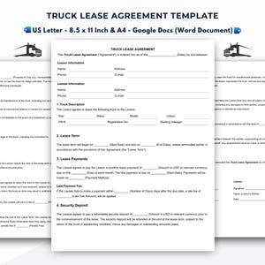 May include: Truck lease agreement template on US Letter and A4 paper sizes. The document includes sections for lessor and lessee information, truck description, lease terms, payments, and security deposit details. The document is a Google Docs (Word Document).