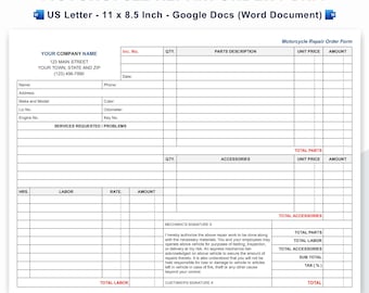 Motorcycle Repair Order Form Template (Google Docs, US Letter) (Digital Download)