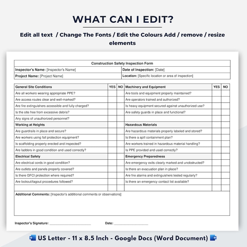 Construction Safety Inspection Form - Google Docs (Word Document)