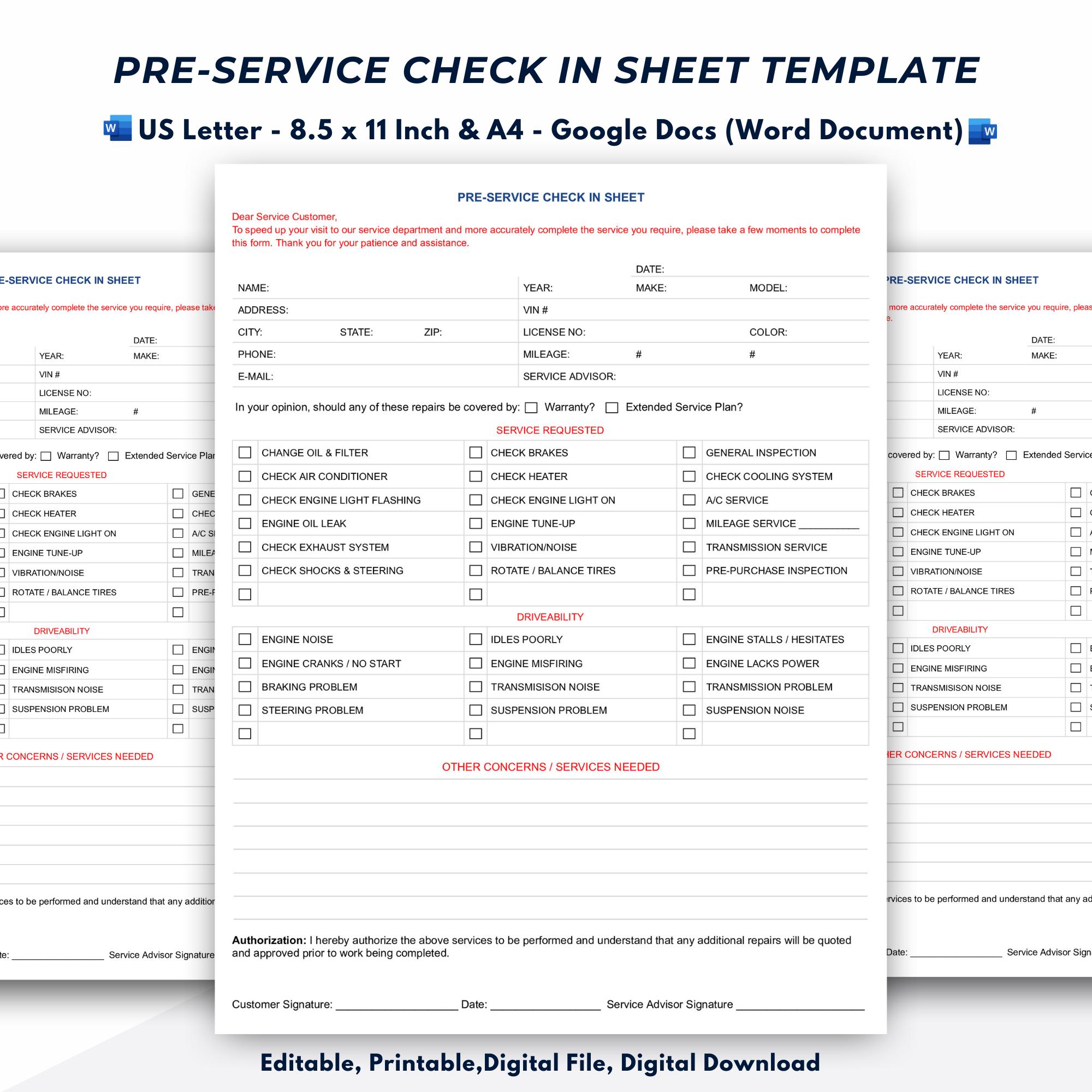 Auto Repair Check-In Sheet Template: Customer Service Record (Digital Download)
